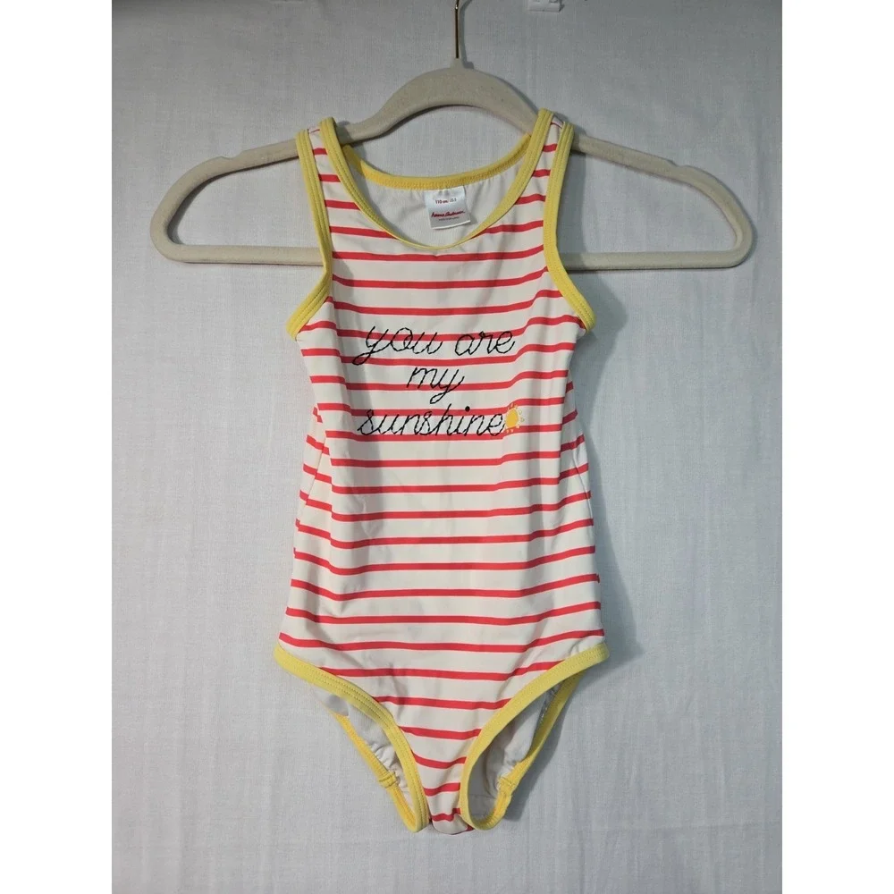 Hanna Andersson 110‎ 5 Red White Stripe One Piece Swimsuit You Are My Sunshine